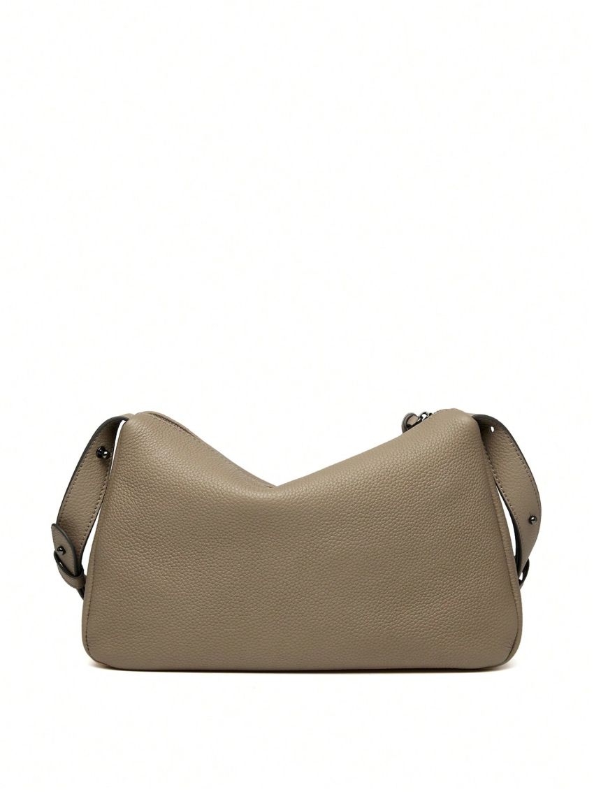 Metal Decor Litchi Embossed Baguette Bag Genuine Leather