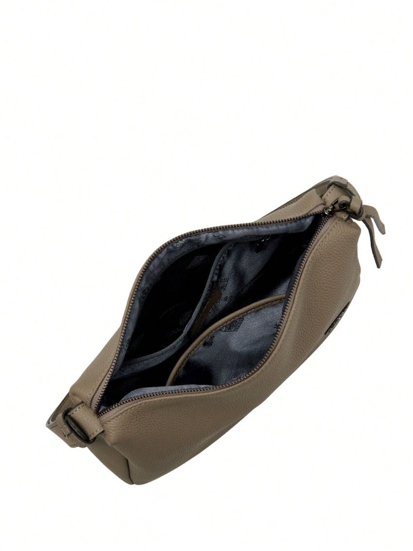 Metal Decor Litchi Embossed Baguette Bag Genuine Leather