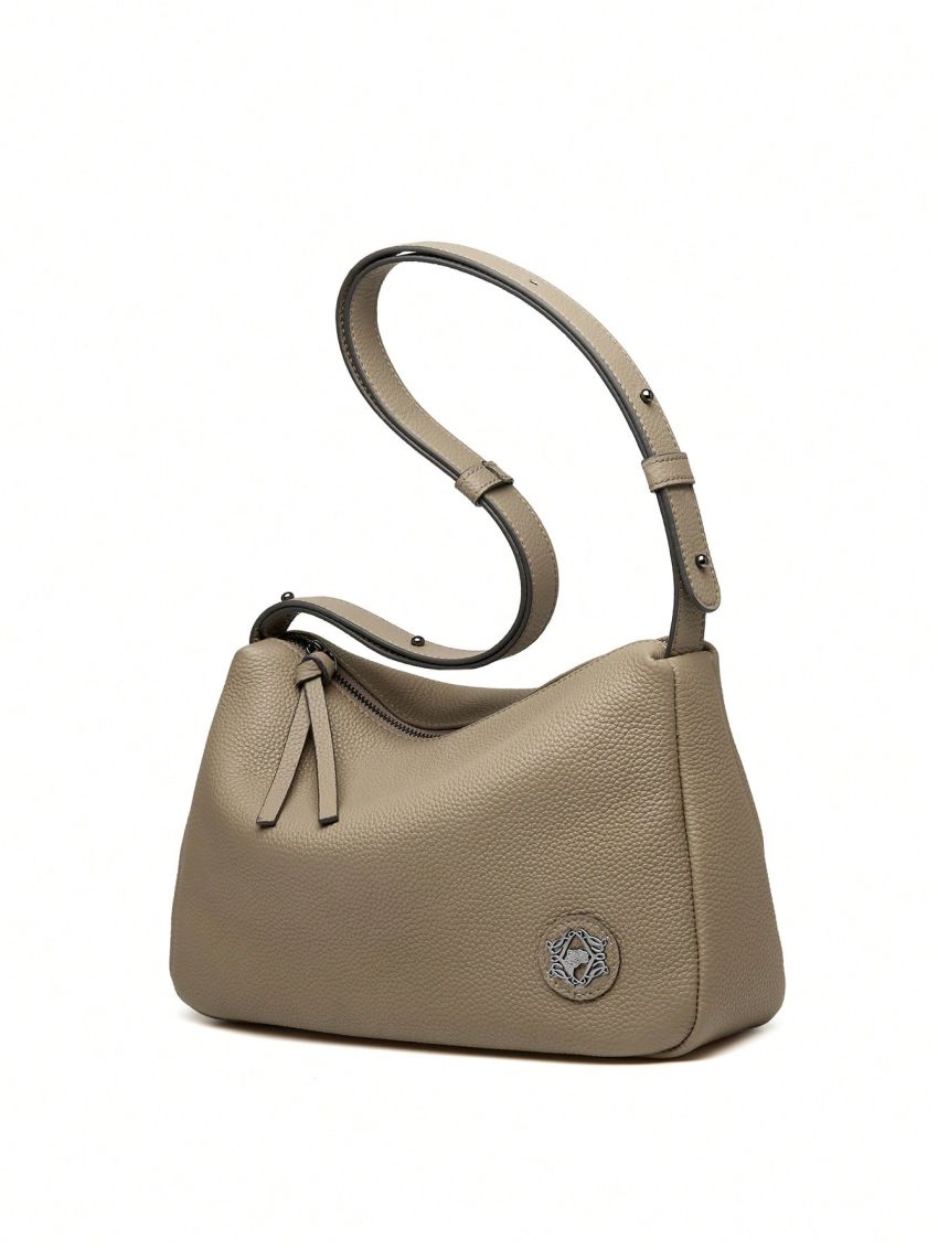 Metal Decor Litchi Embossed Baguette Bag Genuine Leather