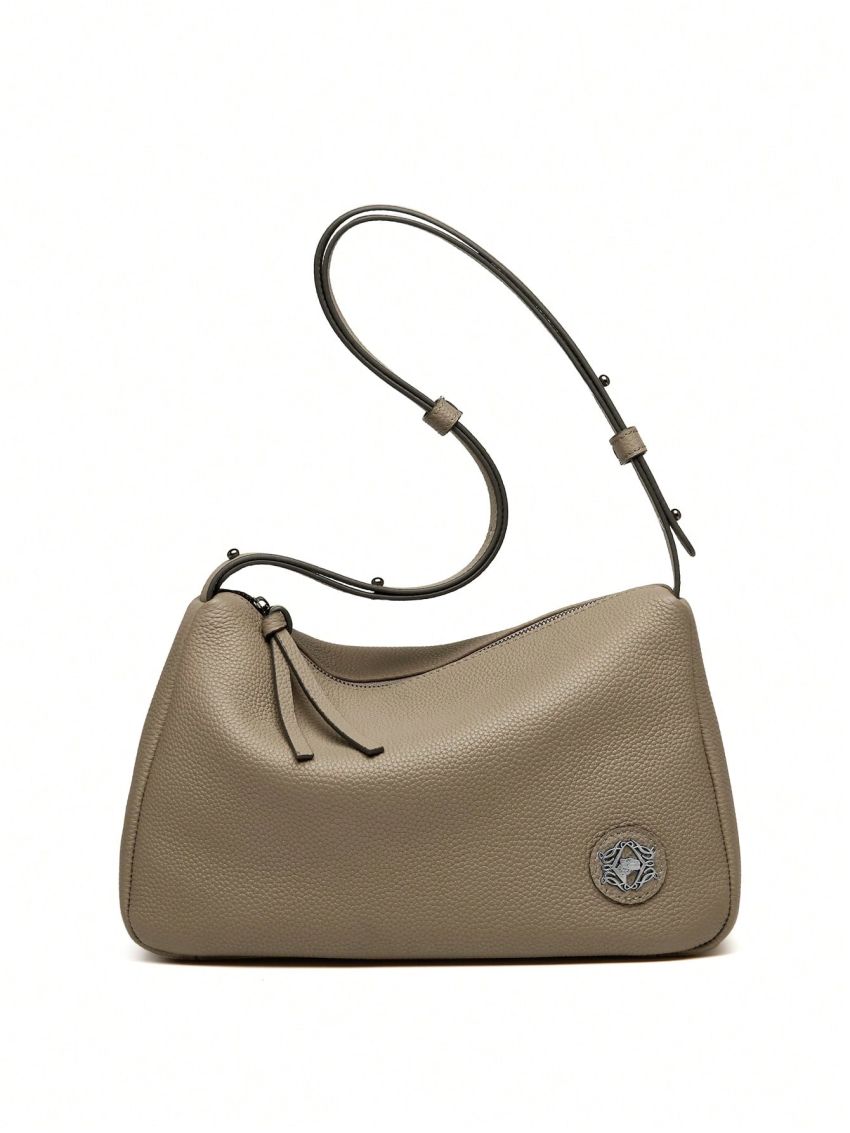 Metal Decor Litchi Embossed Baguette Bag Genuine Leather