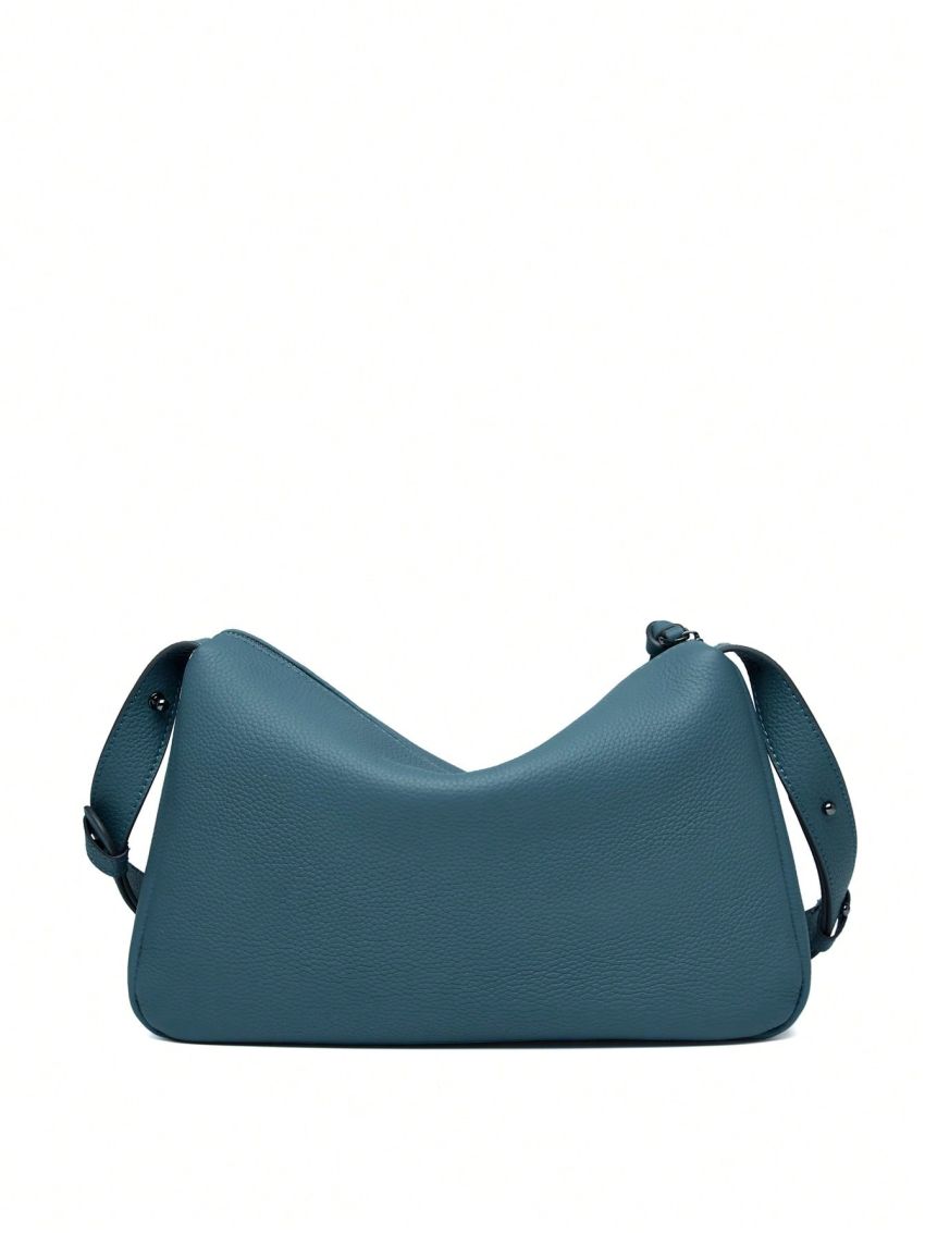 Metal Decor Litchi Embossed Baguette Bag Genuine Leather