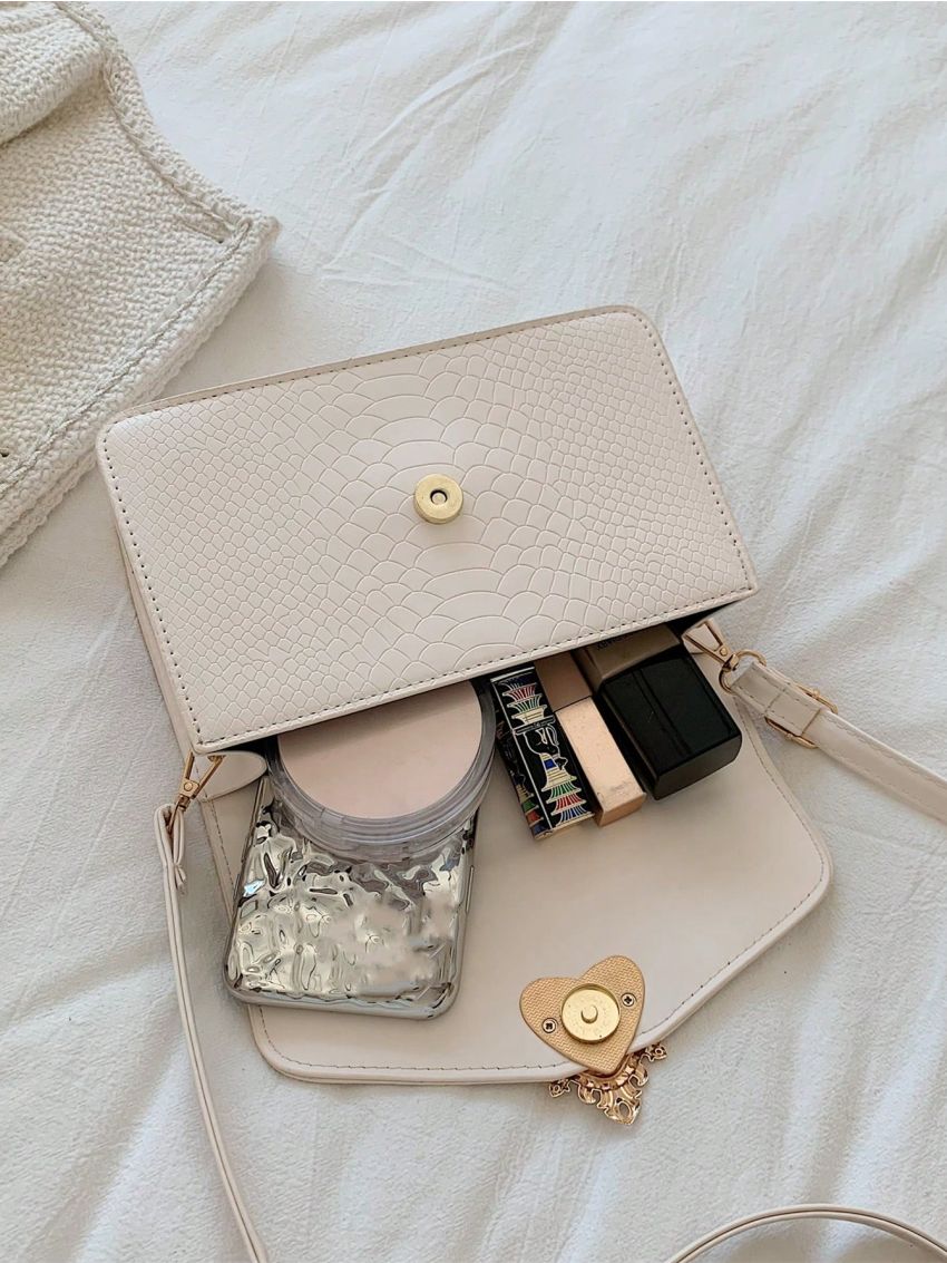Snakeskin Embossed Flap Square Bag Fashion Heart Decor