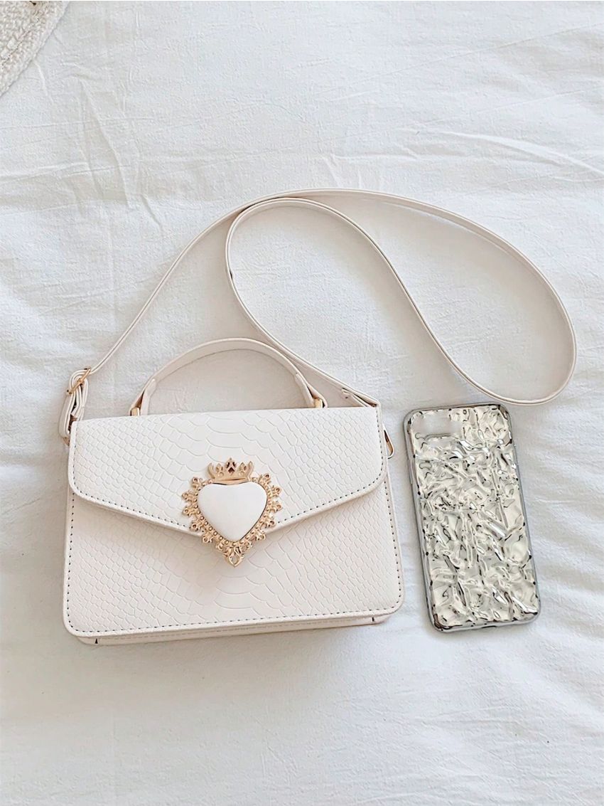 Snakeskin Embossed Flap Square Bag Fashion Heart Decor