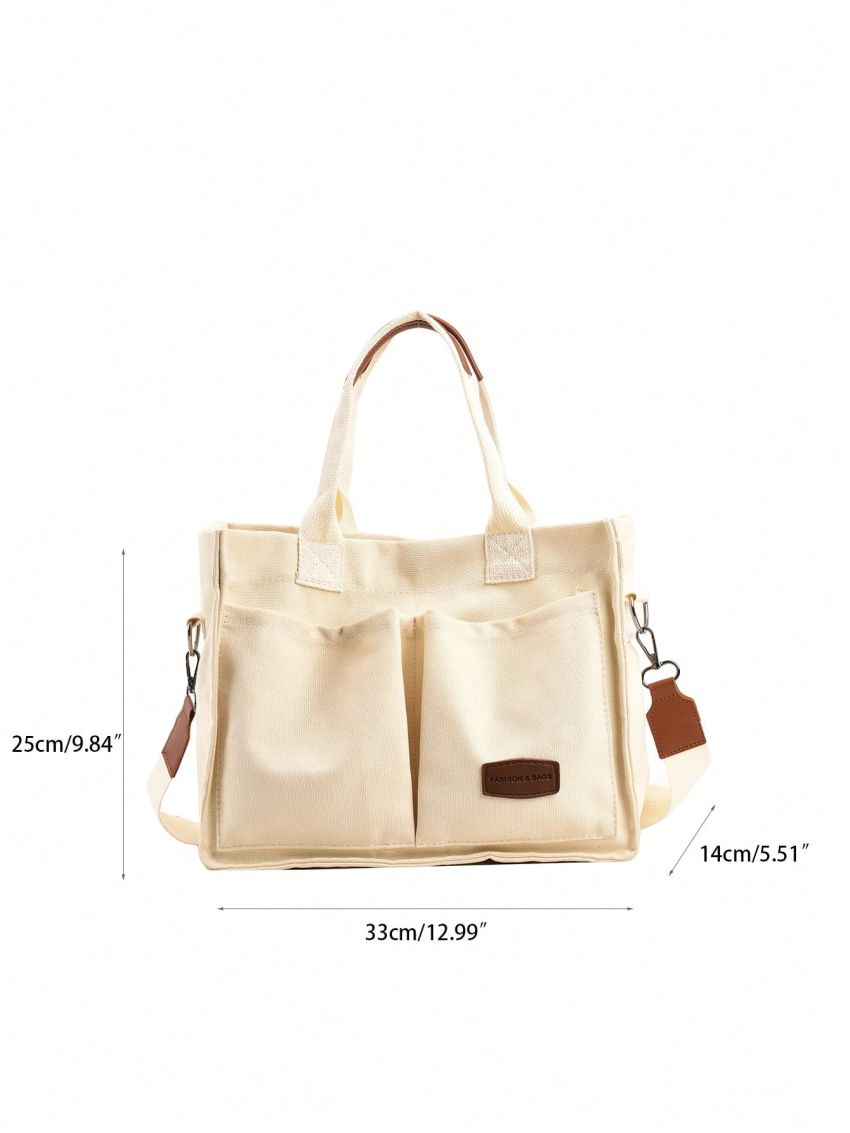 Small Top Handle Bag Beige Pocket Front For Work