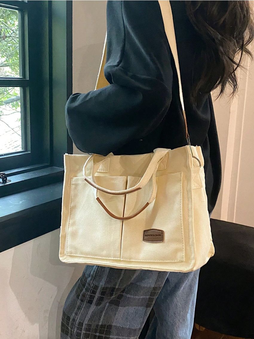 Small Top Handle Bag Beige Pocket Front For Work