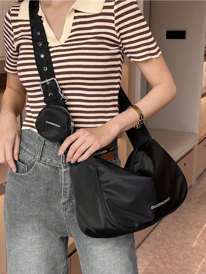 Black Hobo Bag Minimalist With Coin Purse For Daily