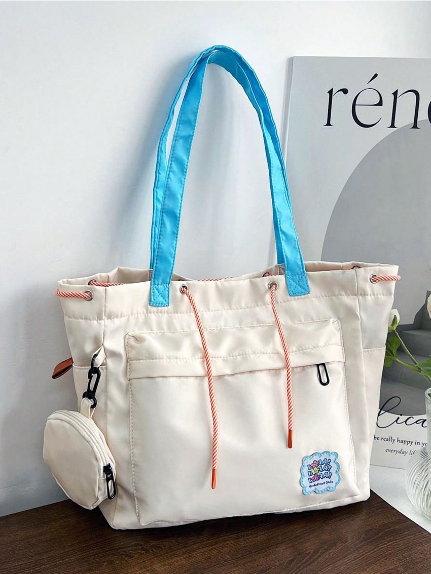 Letter Patch Shoulder Tote Bag Beige Pocket Front With Coin Purse