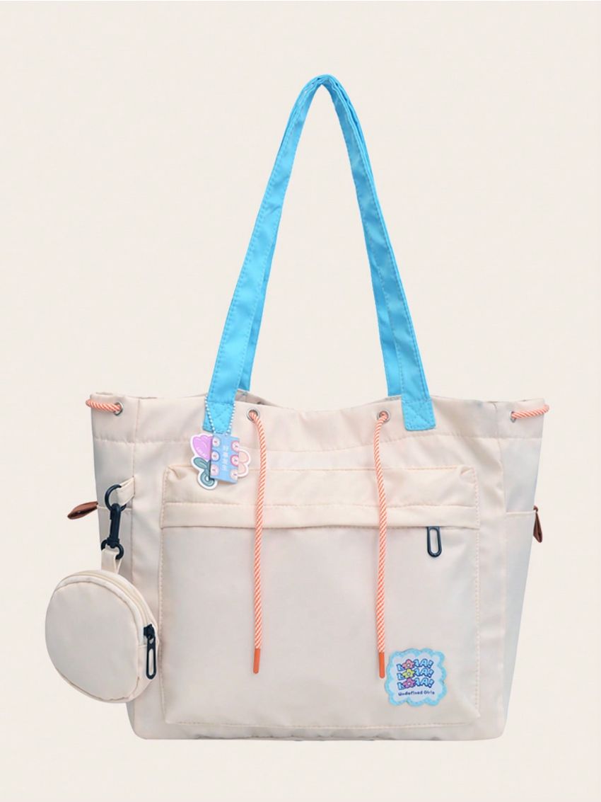 Letter Patch Shoulder Tote Bag Beige Pocket Front With Coin Purse