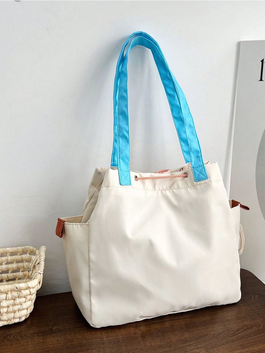 Letter Patch Shoulder Tote Bag Beige Pocket Front With Coin Purse