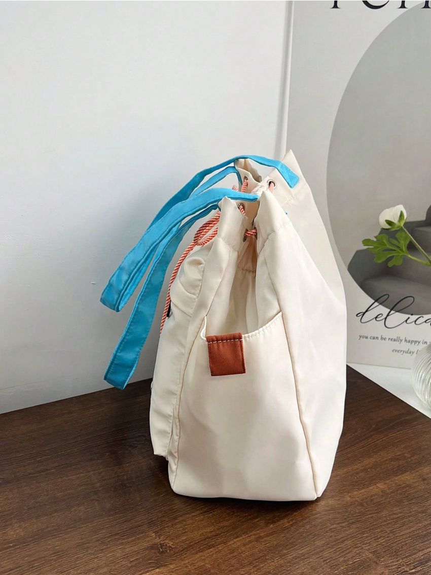Letter Patch Shoulder Tote Bag Beige Pocket Front With Coin Purse