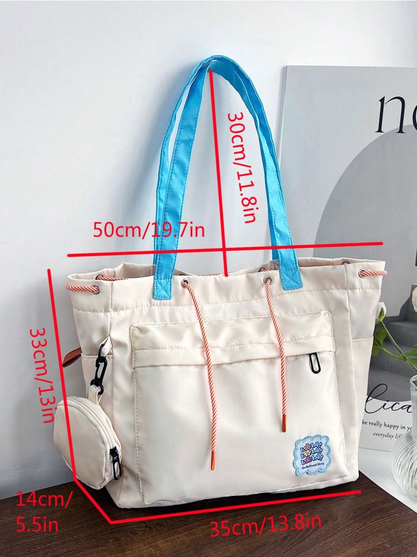 Letter Patch Shoulder Tote Bag Beige Pocket Front With Coin Purse