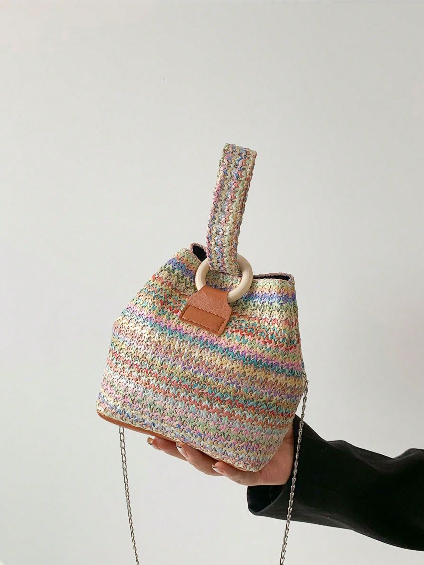 Mini Straw Bag Colorblock Top Handle For Vacation