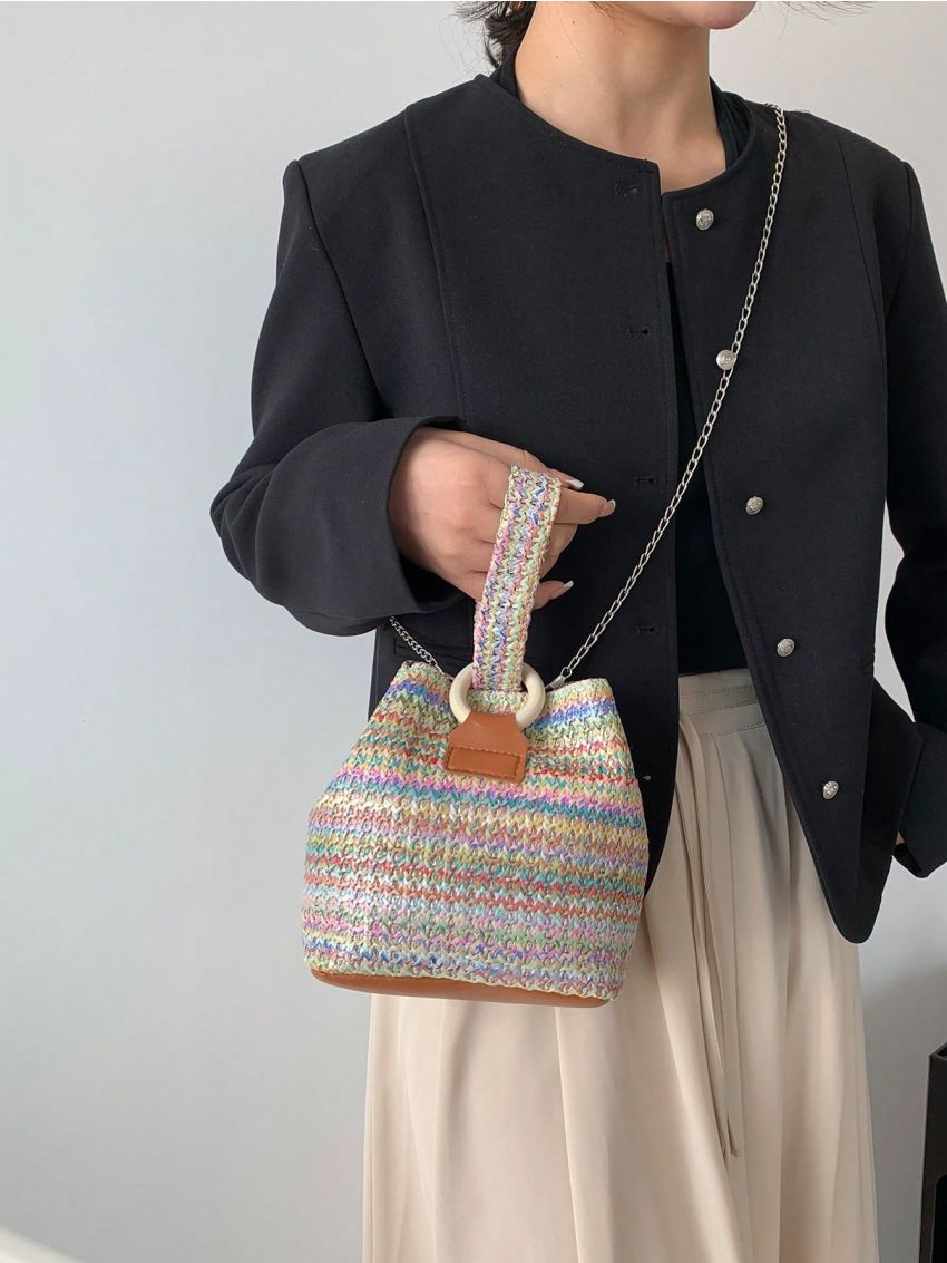 Mini Straw Bag Colorblock Top Handle For Vacation