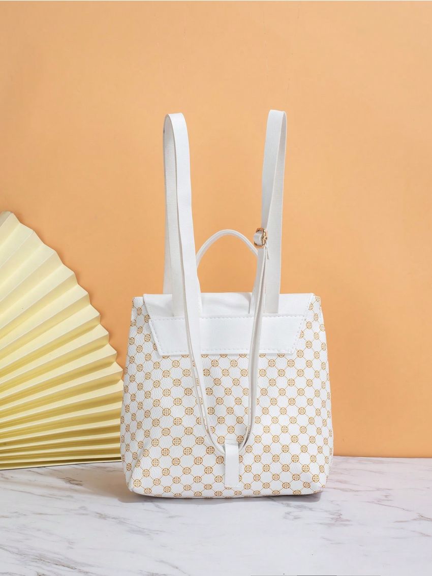 Geometric Pattern Flap Backpack Buckle Decor White PU