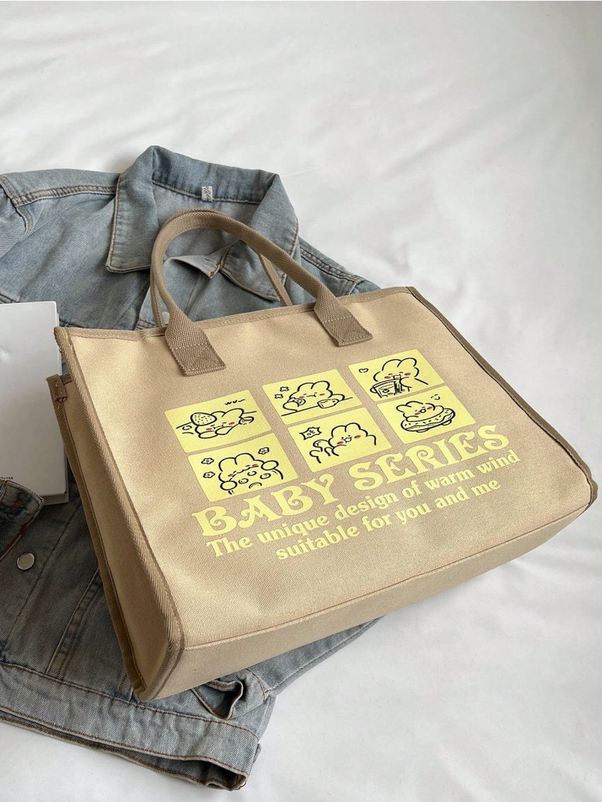 Large Shopper Bag Cartoon & Slogan Graphic Double Handle With Zipper