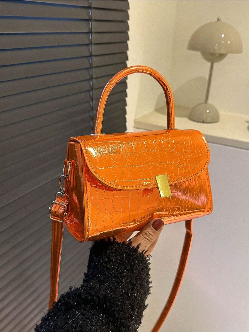 Mini Square Bag Crocodile Embossed Flap Top Handle