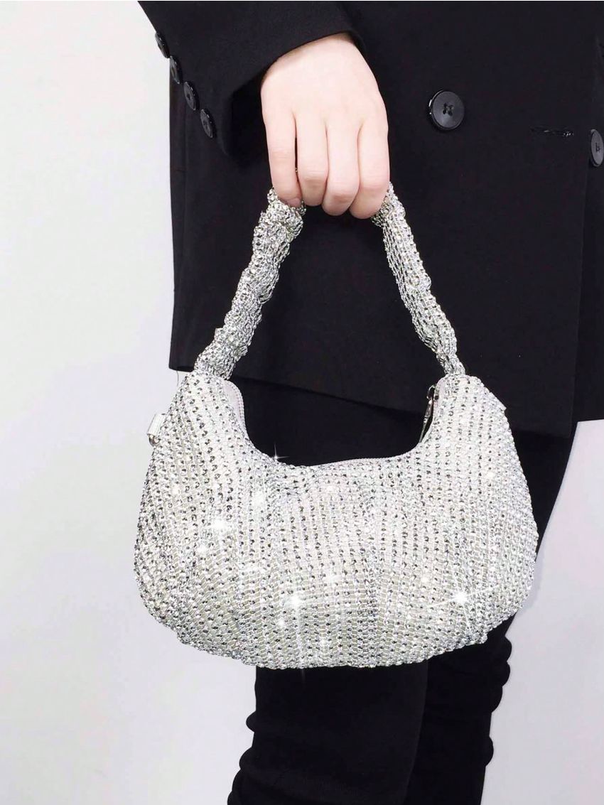Rhinestone Decor Hobo Bag With Zipper PU Glamorous For Party