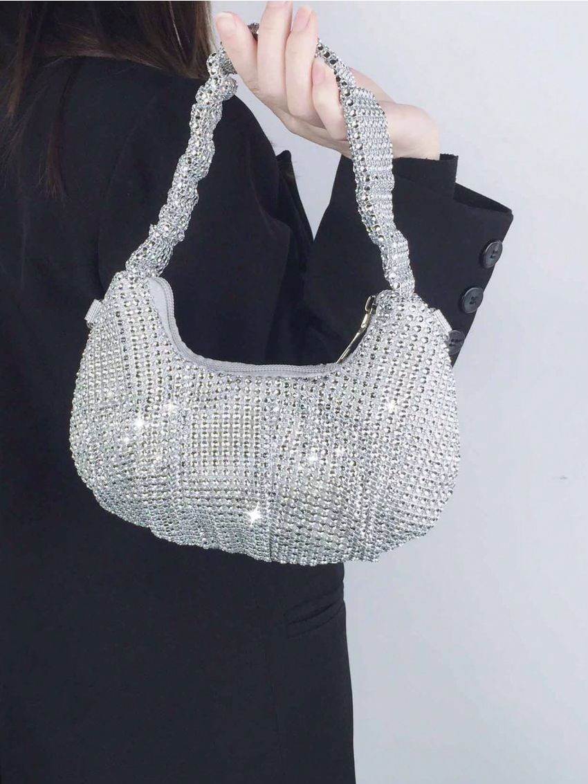 Rhinestone Decor Hobo Bag With Zipper PU Glamorous For Party