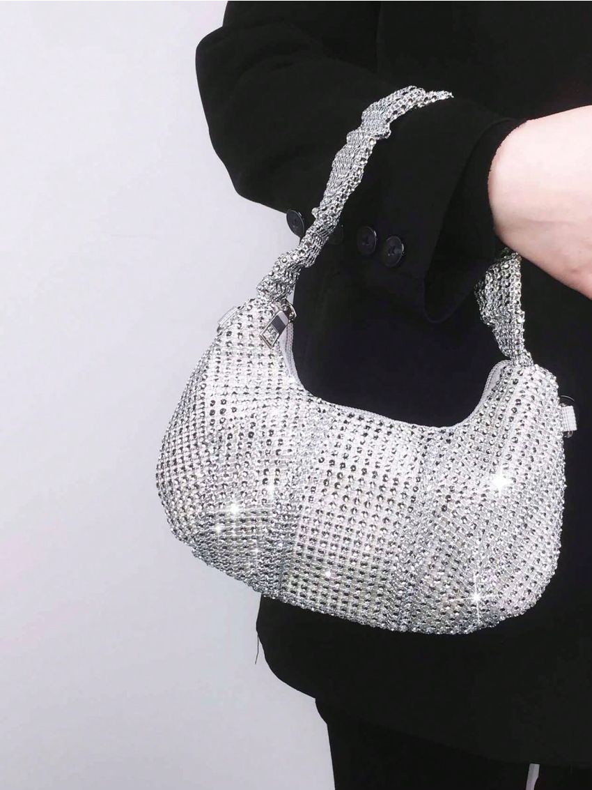 Rhinestone Decor Hobo Bag With Zipper PU Glamorous For Party