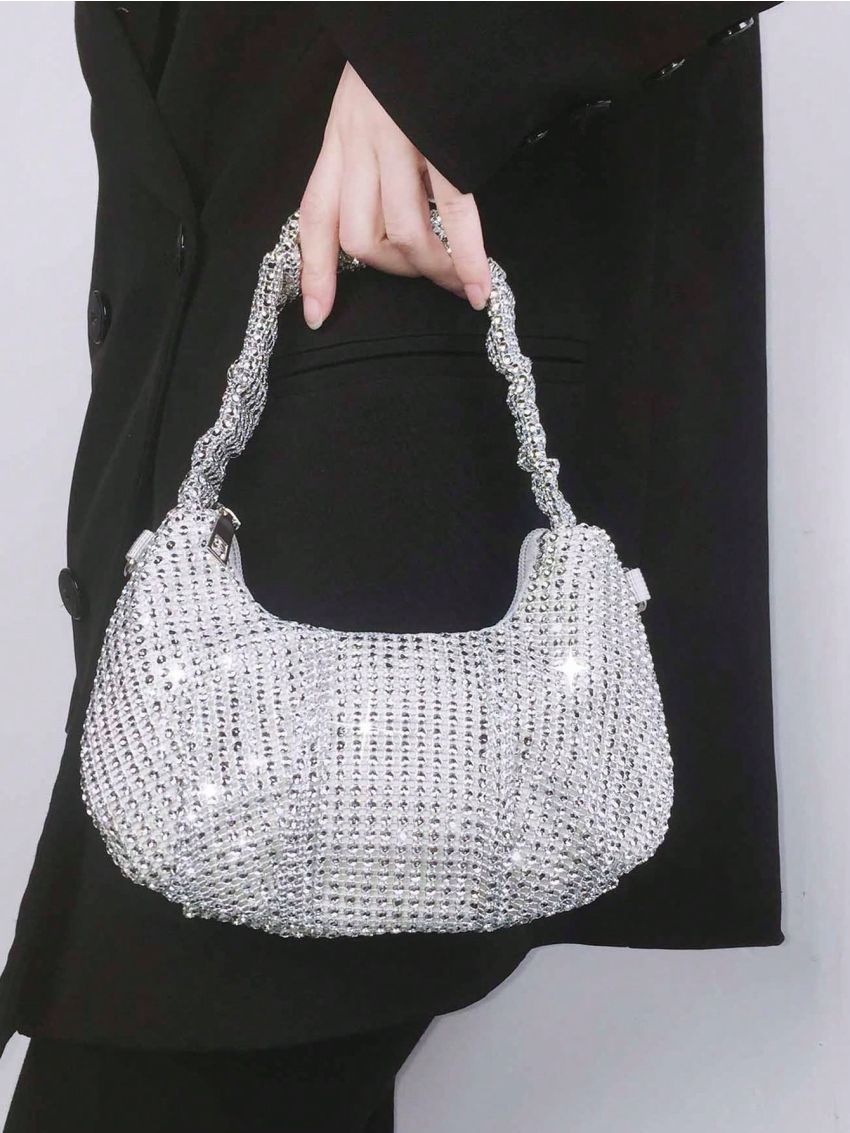 Rhinestone Decor Hobo Bag With Zipper PU Glamorous For Party