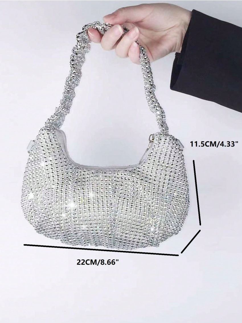 Rhinestone Decor Hobo Bag With Zipper PU Glamorous For Party