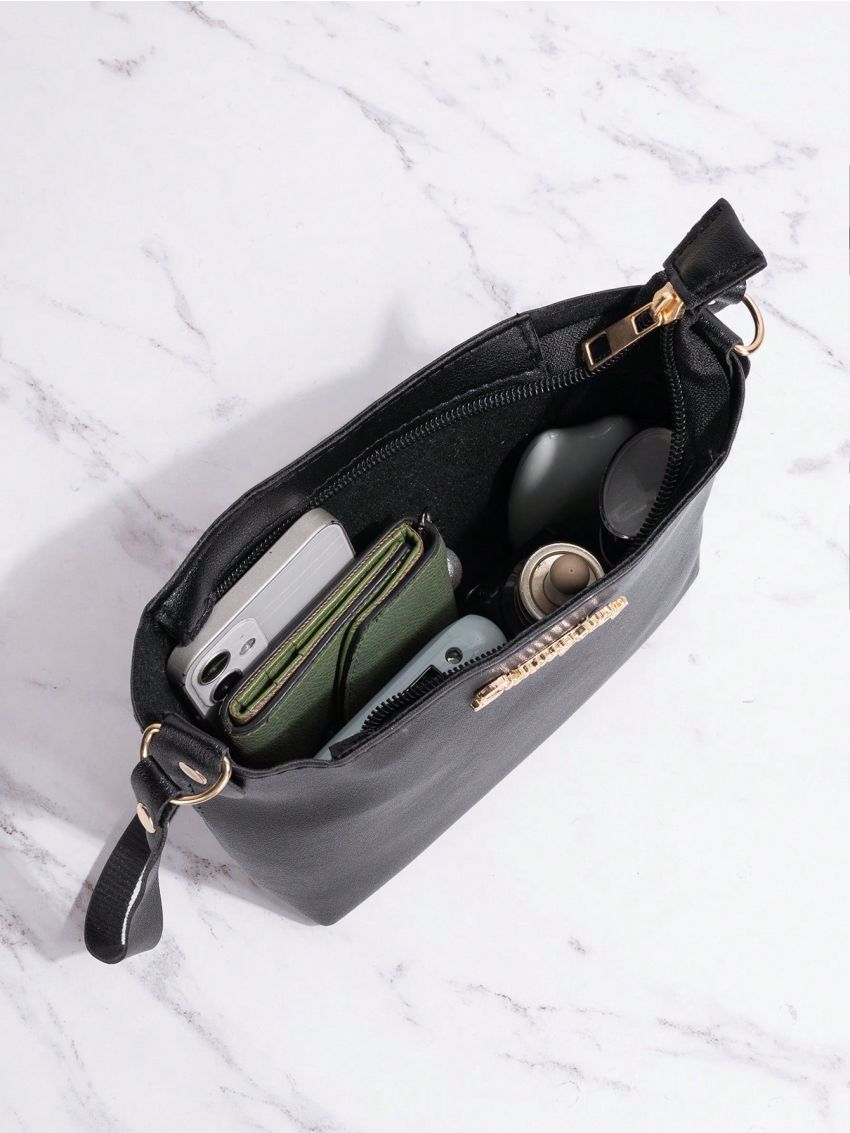 Letter Decor Square Bag With Zipper Black PU