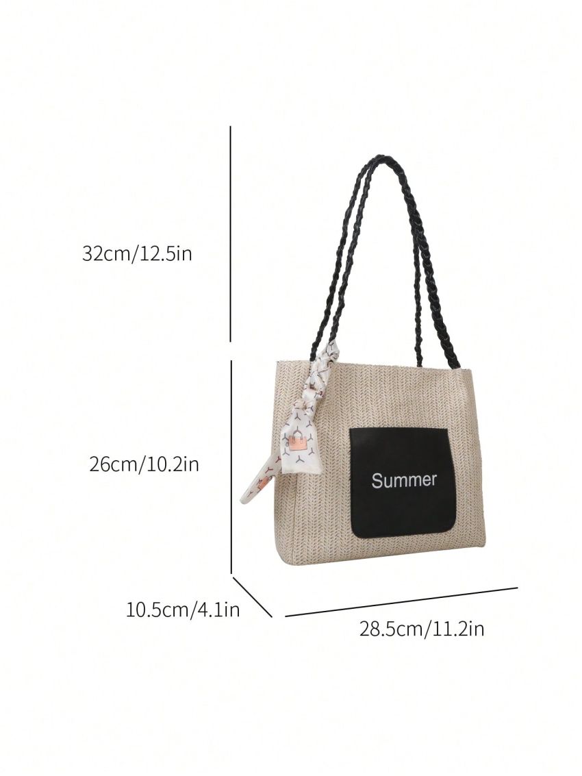 Letter Graphic Straw Bag Twilly Scarf Decor Braided Detail Double Handle Vacation