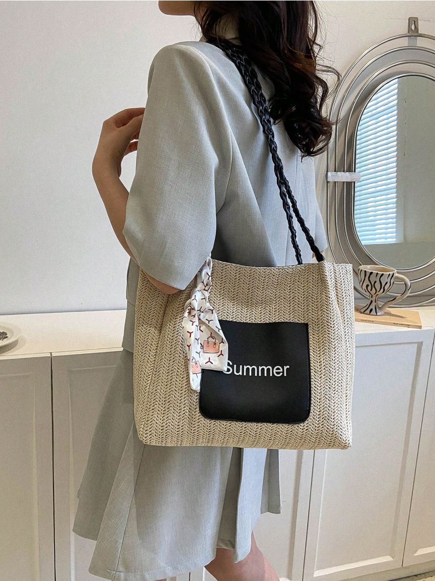 Letter Graphic Straw Bag Twilly Scarf Decor Braided Detail Double Handle Vacation