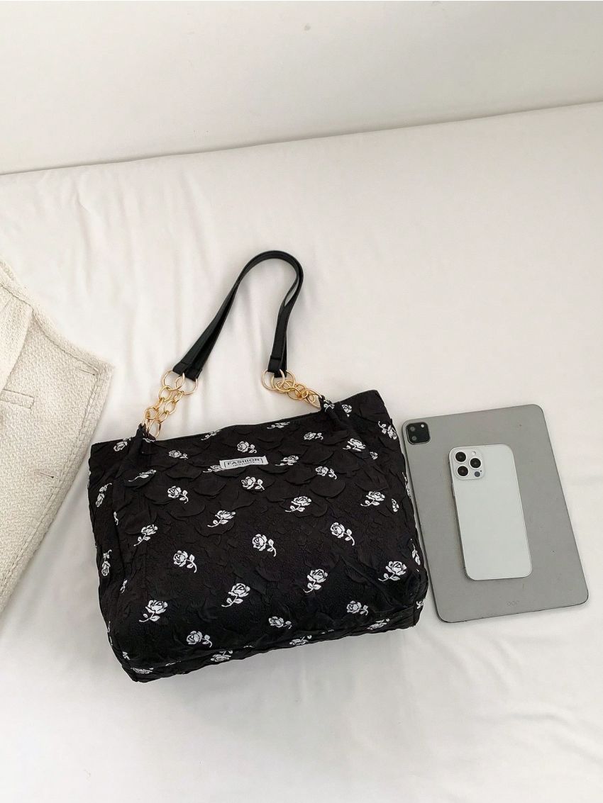Medium Tote Bag Flower Pattern Letter Patch Ruched Detail Double Handle
