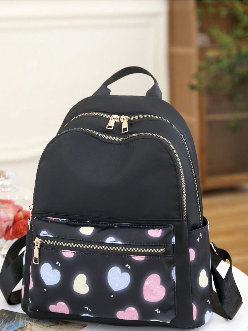 Heart Pattern Classic Backpack With Zipper Waterproof Lightweight Fashionable