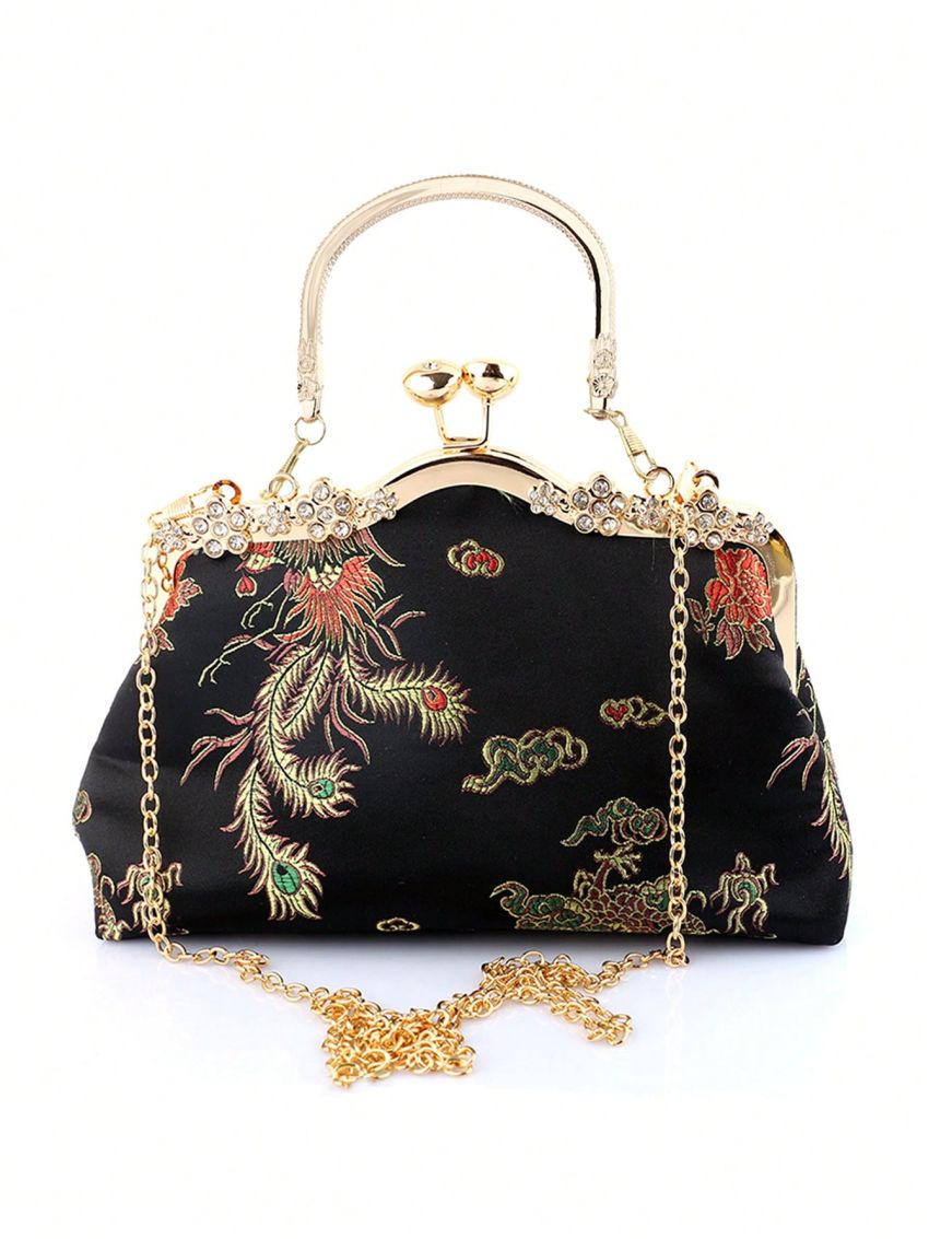 Satin Evening Bag Embroidered Detail Rhinestone Decor Kiss Lock