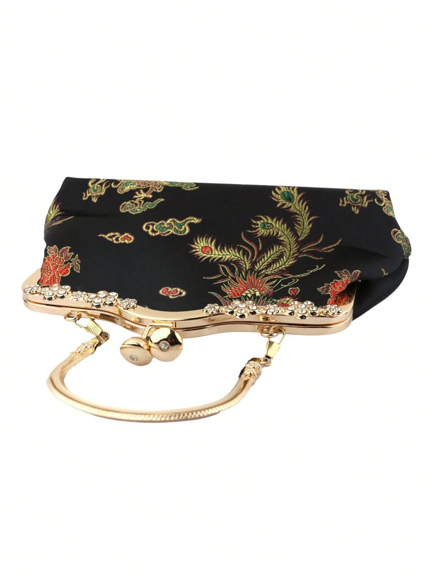Satin Evening Bag Embroidered Detail Rhinestone Decor Kiss Lock