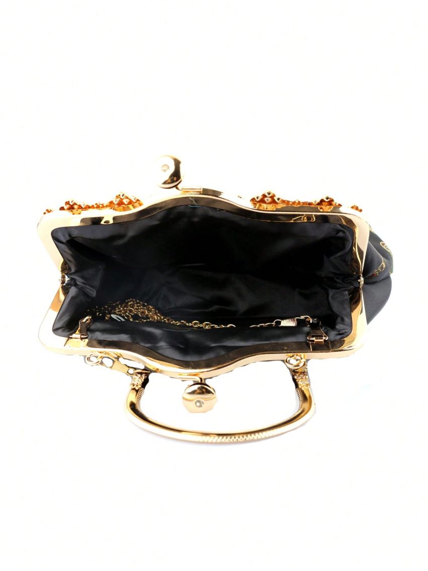 Satin Evening Bag Embroidered Detail Rhinestone Decor Kiss Lock