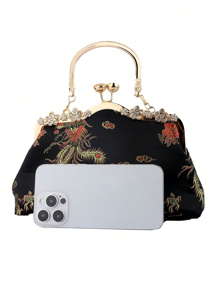 Satin Evening Bag Embroidered Detail Rhinestone Decor Kiss Lock