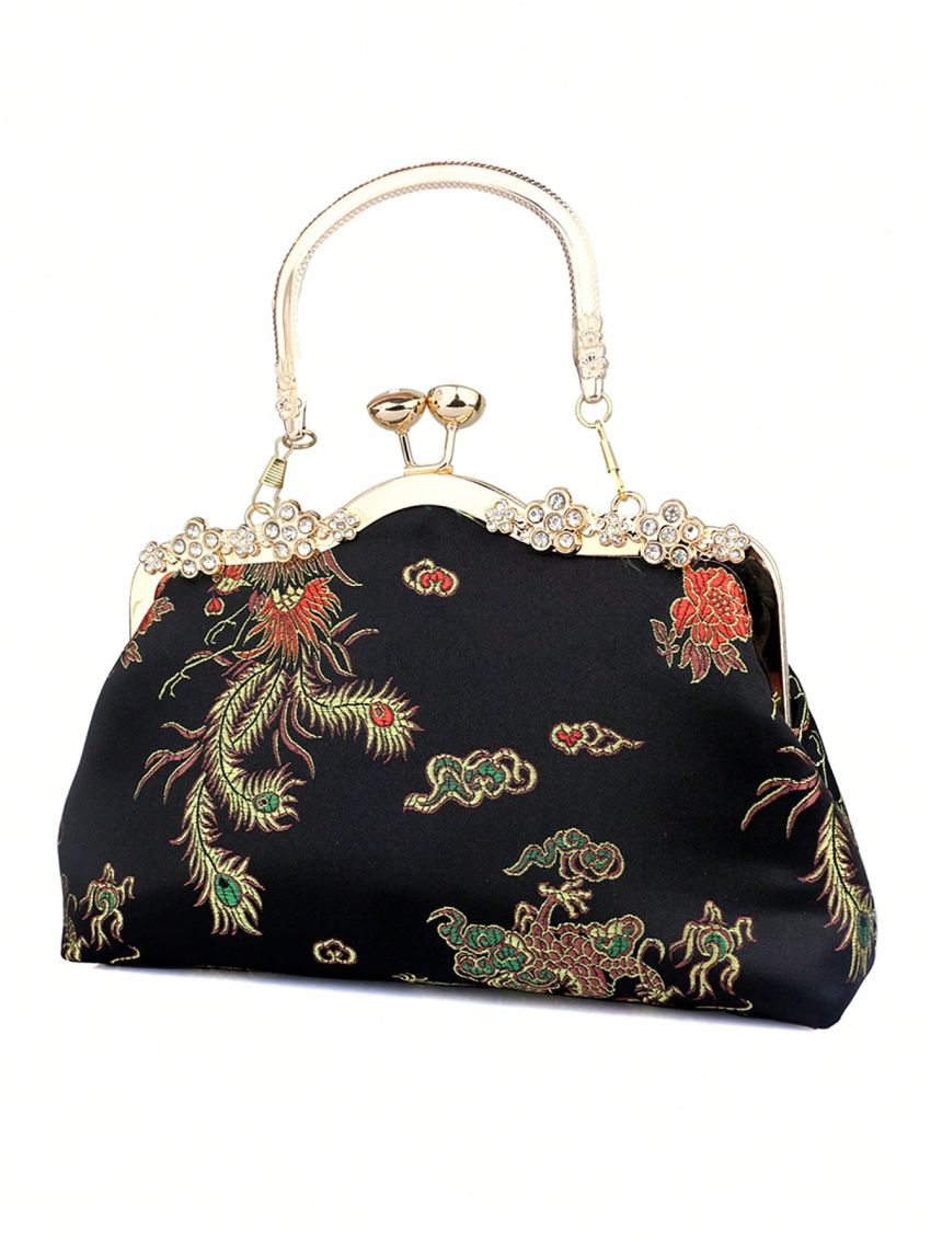 Satin Evening Bag Embroidered Detail Rhinestone Decor Kiss Lock