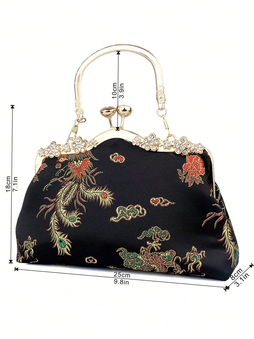 Satin Evening Bag Embroidered Detail Rhinestone Decor Kiss Lock