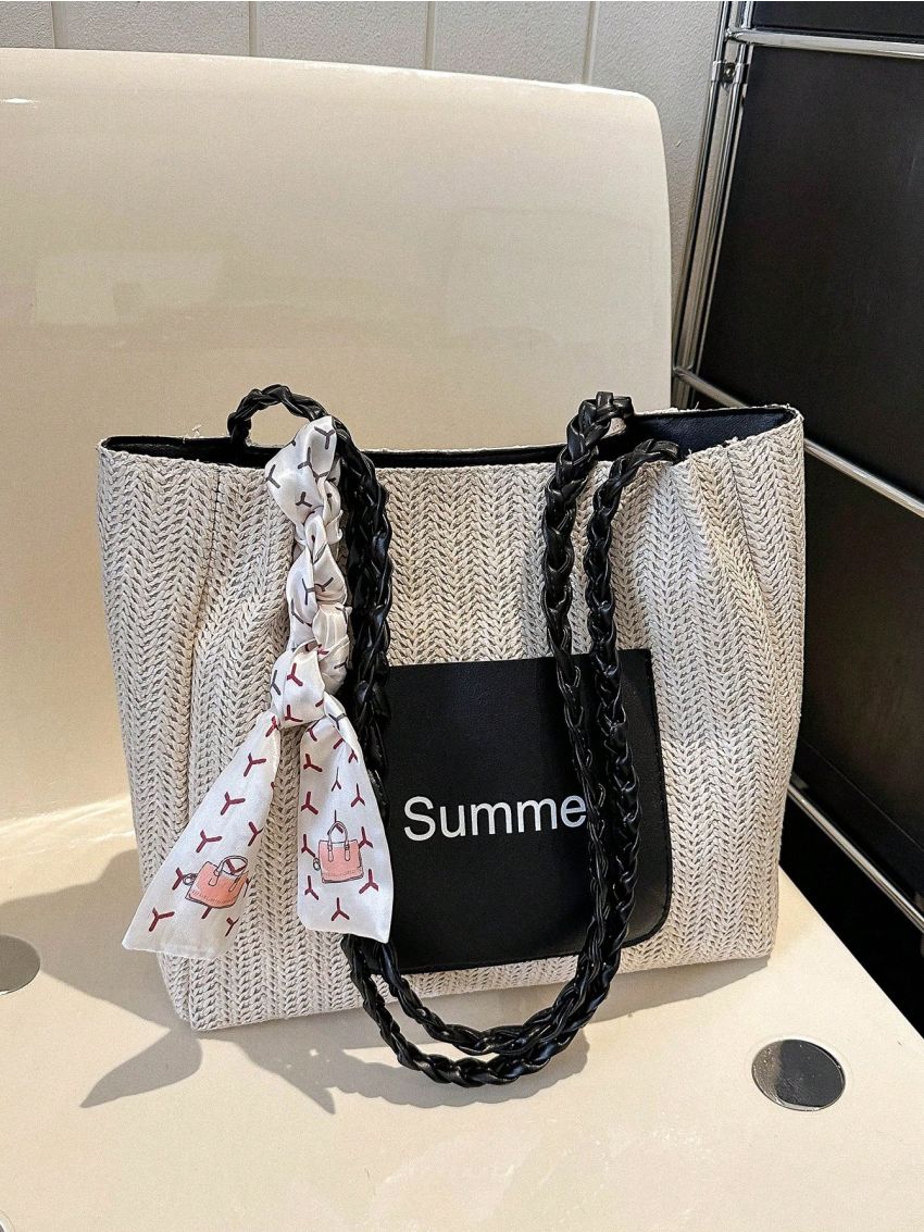 Paper Straw Bag Twilly Scarf Decor Letter Graphic Vacation