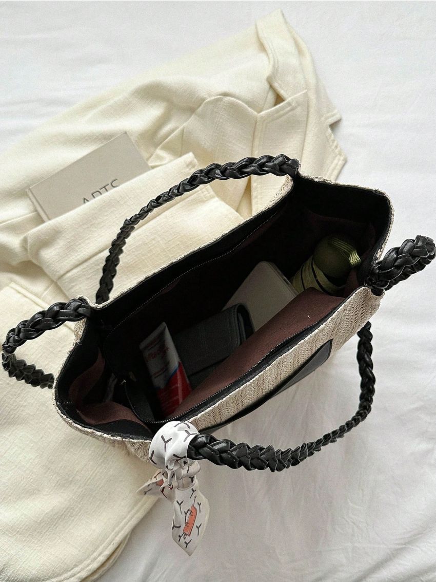 Paper Straw Bag Twilly Scarf Decor Letter Graphic Vacation