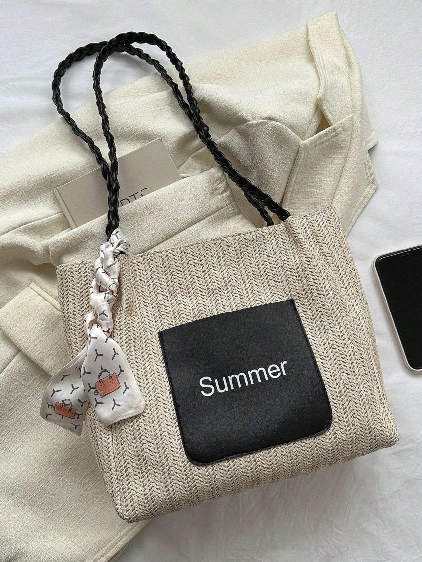 Paper Straw Bag Twilly Scarf Decor Letter Graphic Vacation