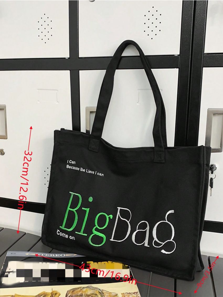 Slogan Embroidered Shopper Bag Canvas