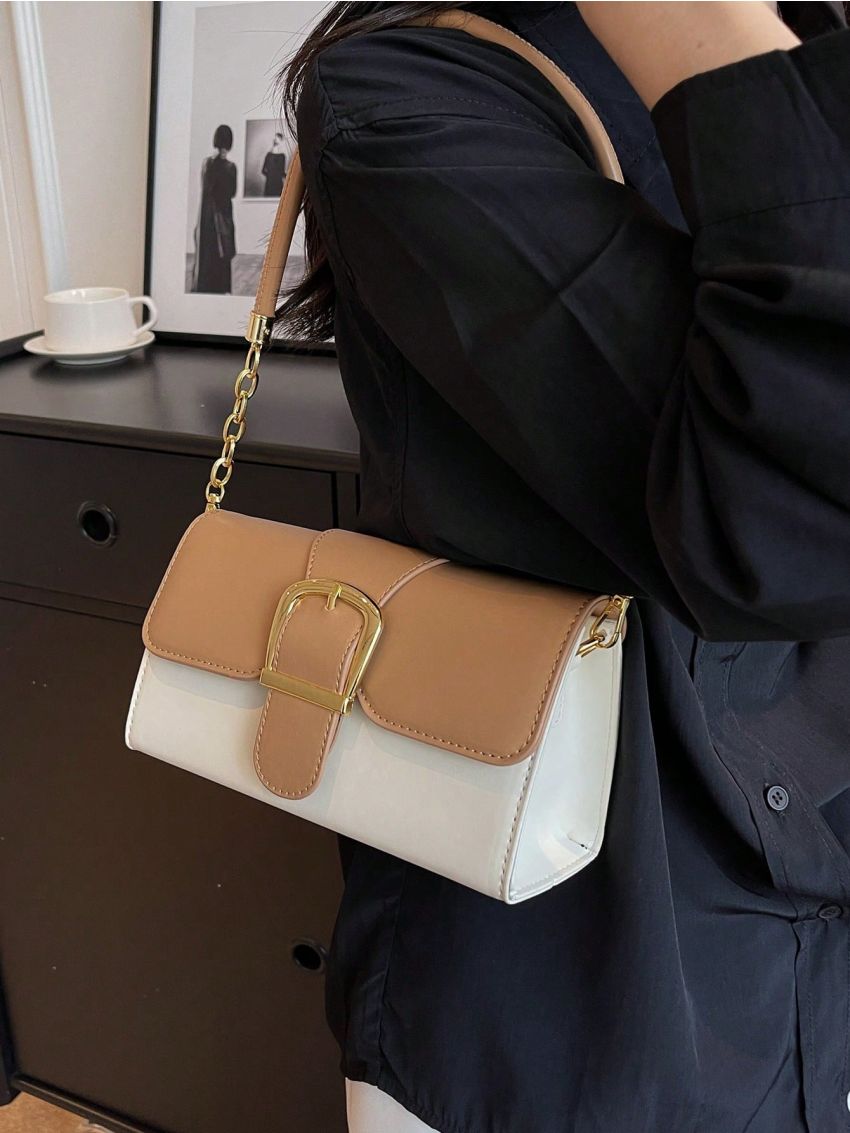 Two Tone Baguette Bag Buckle Decor PU