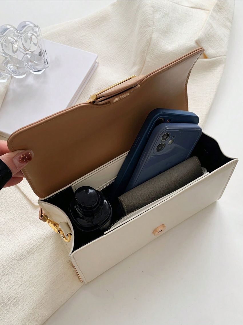 Two Tone Baguette Bag Buckle Decor PU