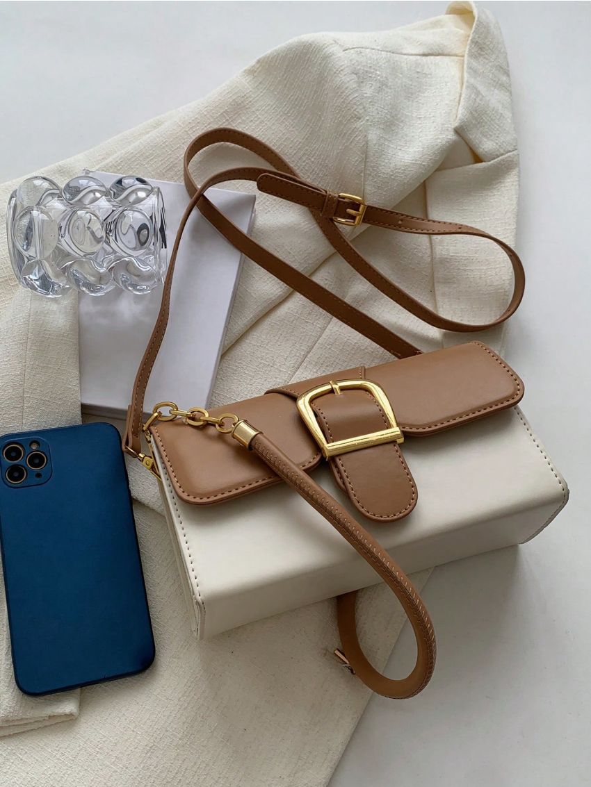 Two Tone Baguette Bag Buckle Decor PU