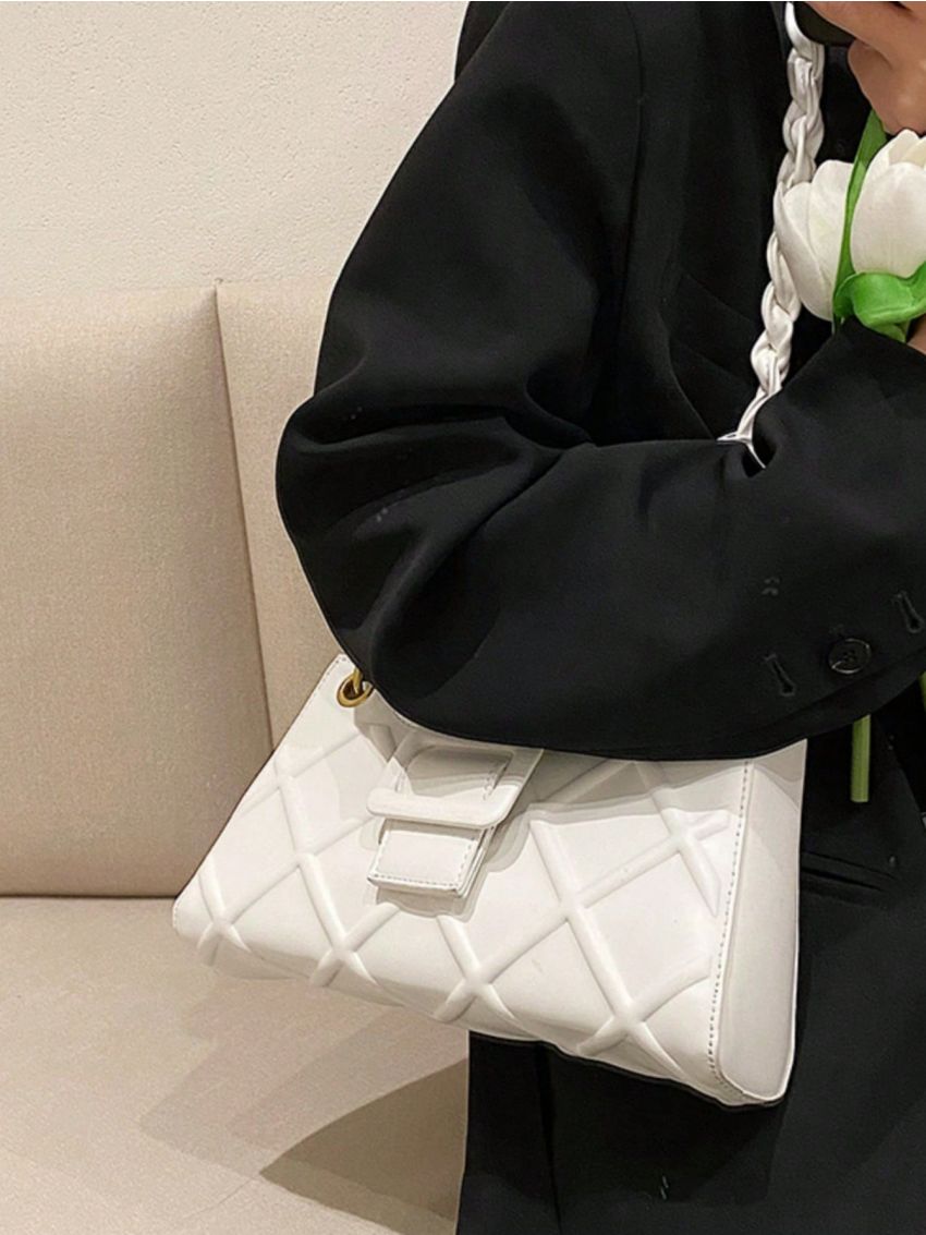 Embossed Detail Baguette Bag PU Buckle Decor