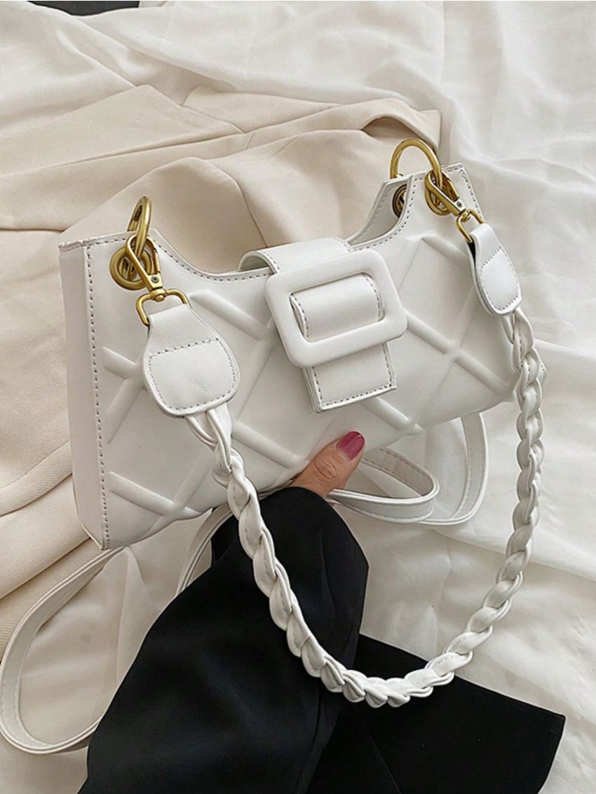 Embossed Detail Baguette Bag PU Buckle Decor