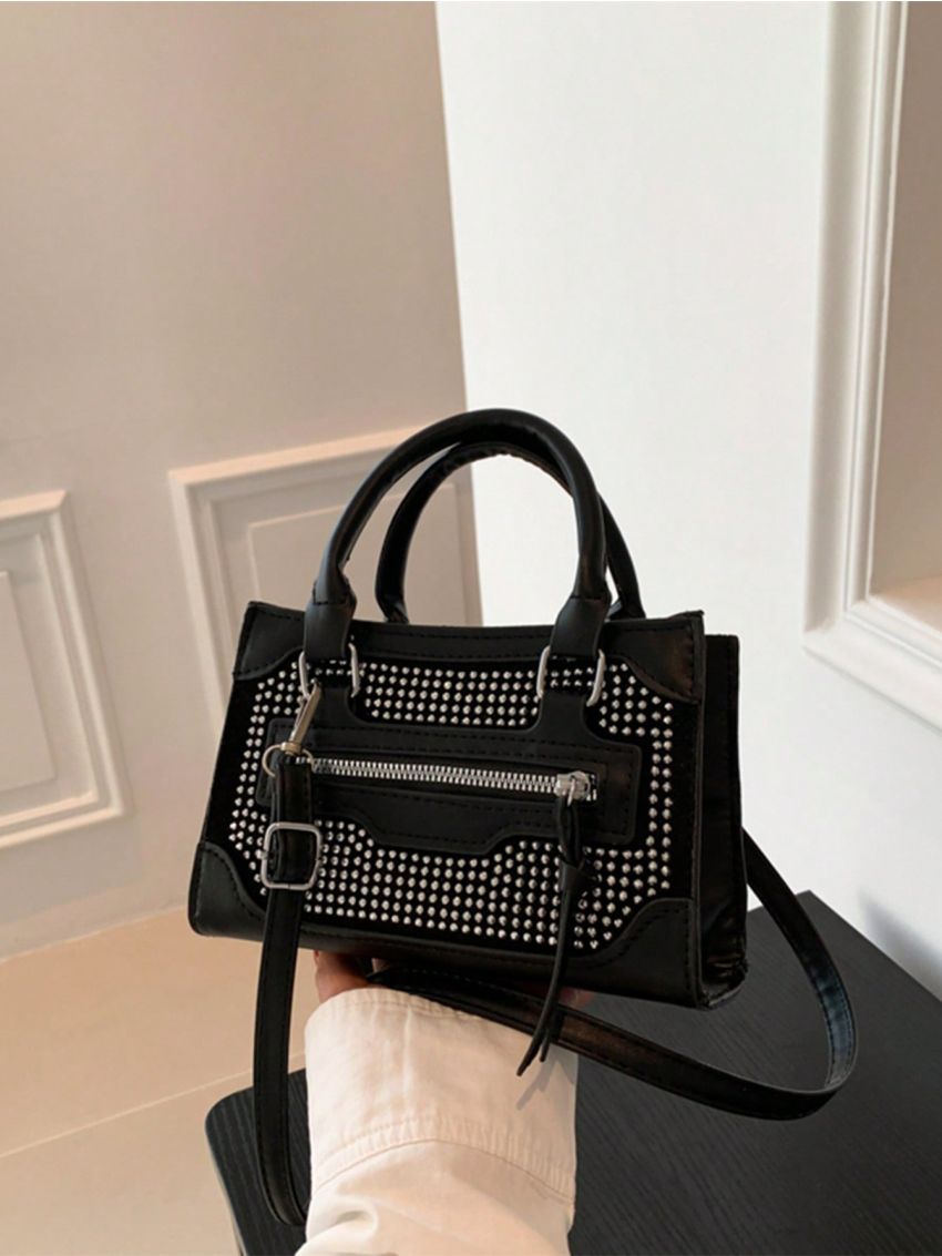 Mini Square Bag Rhinestone Decor PU Zipper Detail