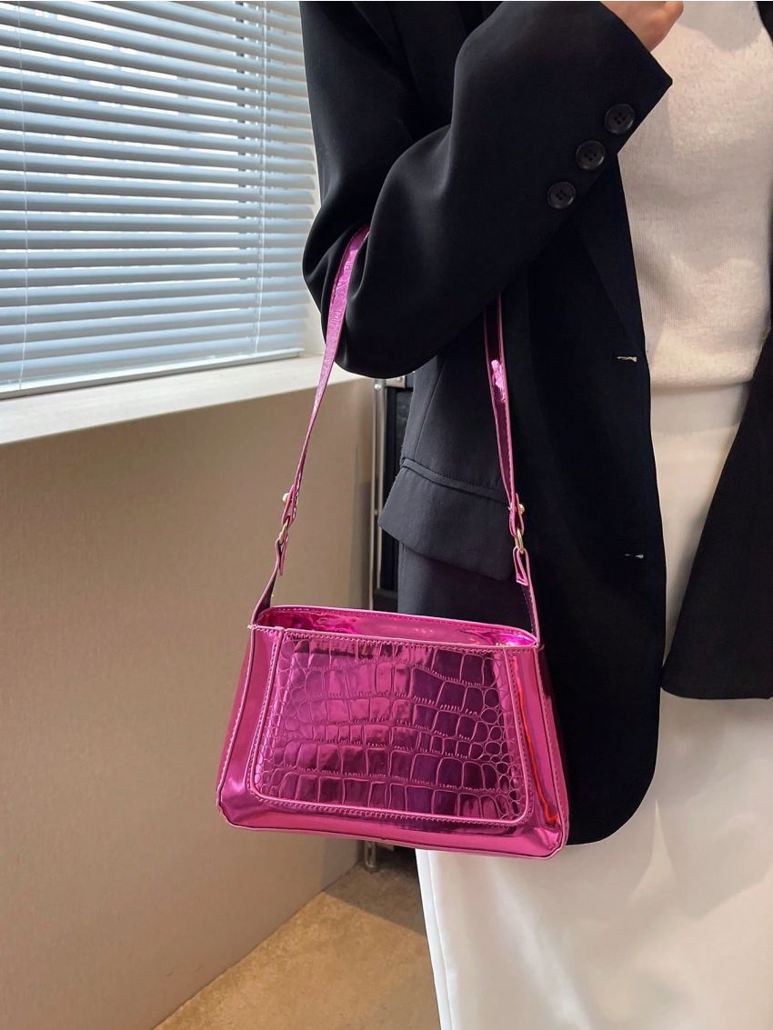 Crocodile Embossed Square Bag Metallic PU Funky