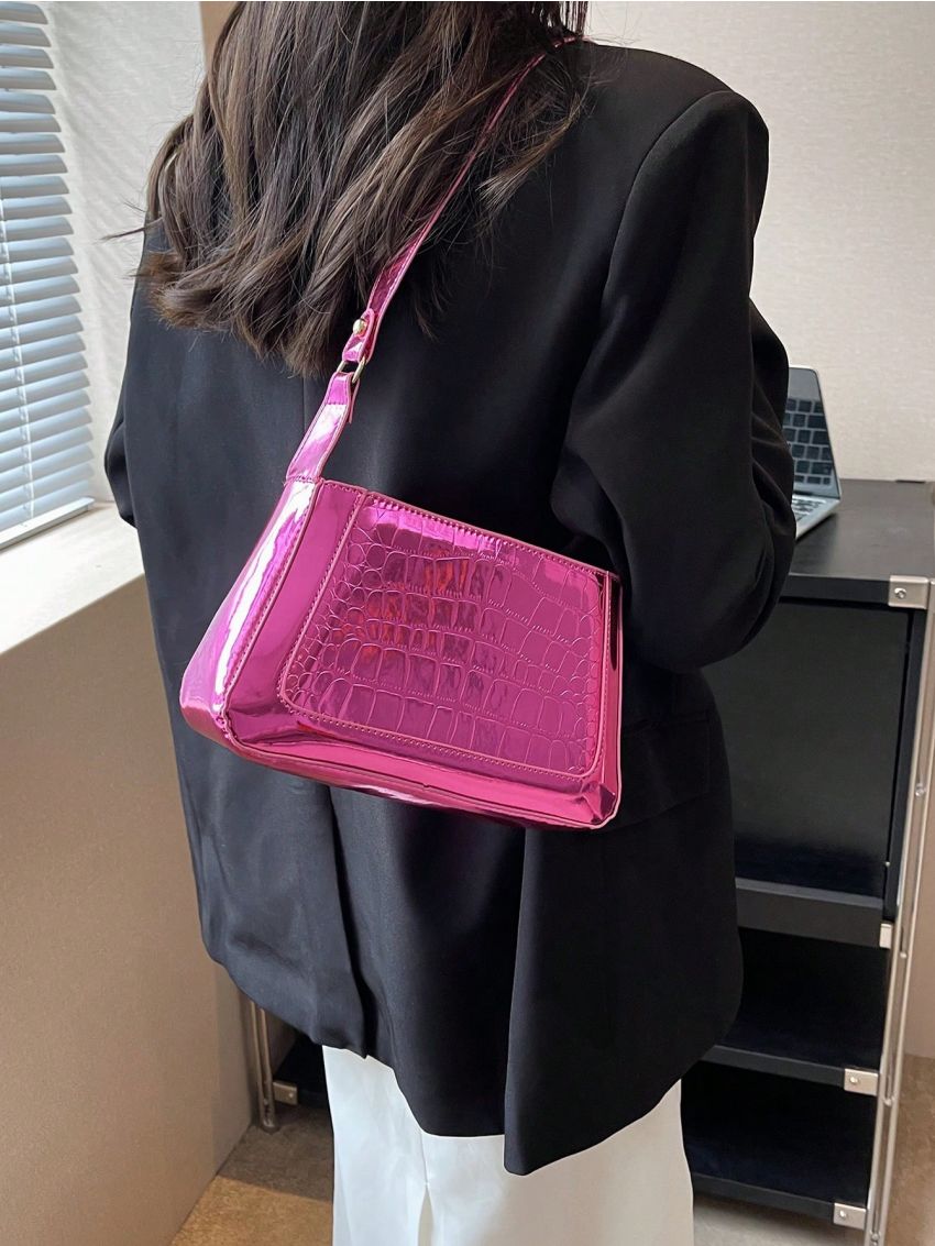 Crocodile Embossed Square Bag Metallic PU Funky