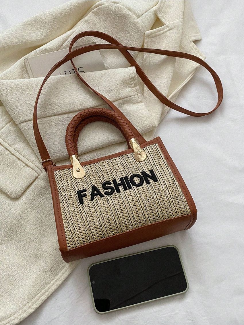 Mini Straw Bag Letter Embroidered Contrast Binding Vacation