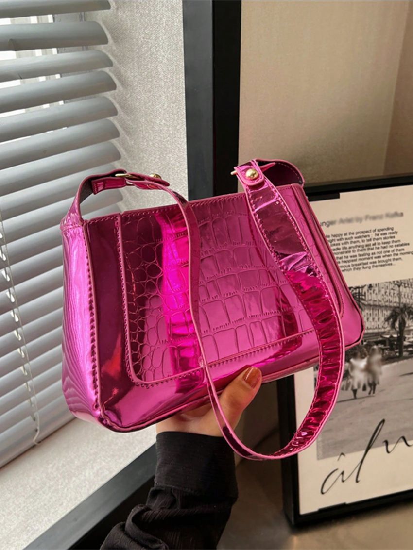 Crocodile Embossed Square Bag Metallic PU Funky